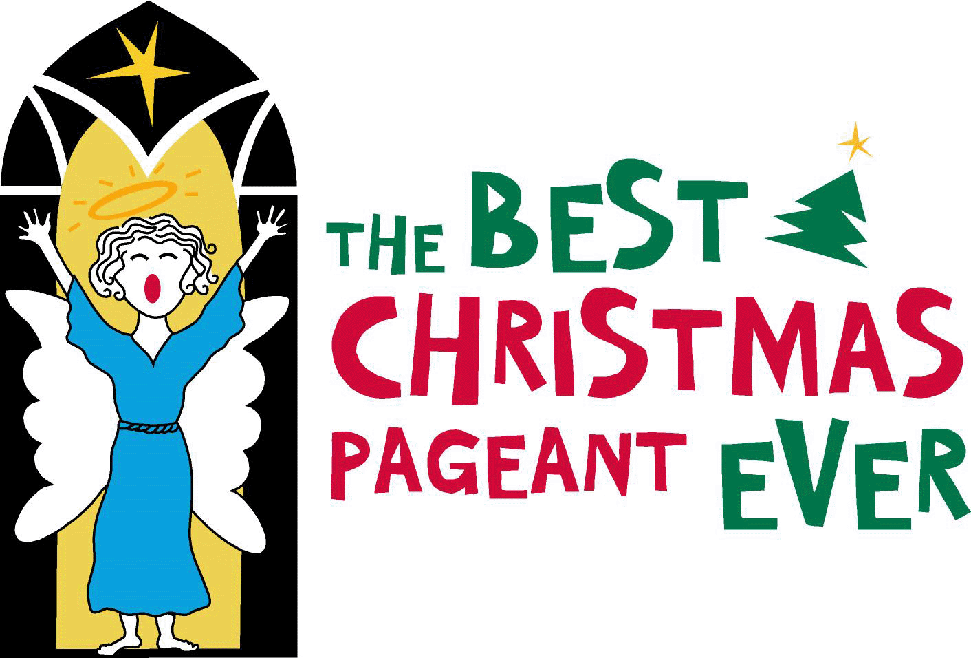 The Best Christmas Pageant Ever Logo with a Cartoon Singing Angel